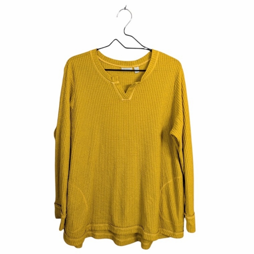 LOGO Lounge By Lori Goldstein Cloud Waffle Knit Wanda Top Mustard Yellow XL